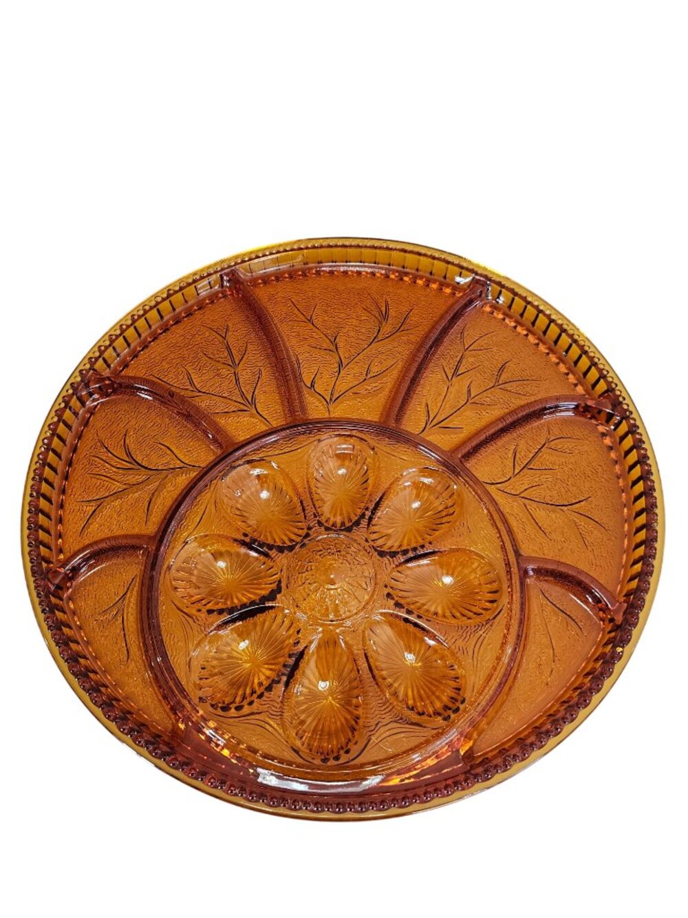 Indiana Glass Pebble Leaf Amber Devil Egg Plate 13" round charcuterie serving di
